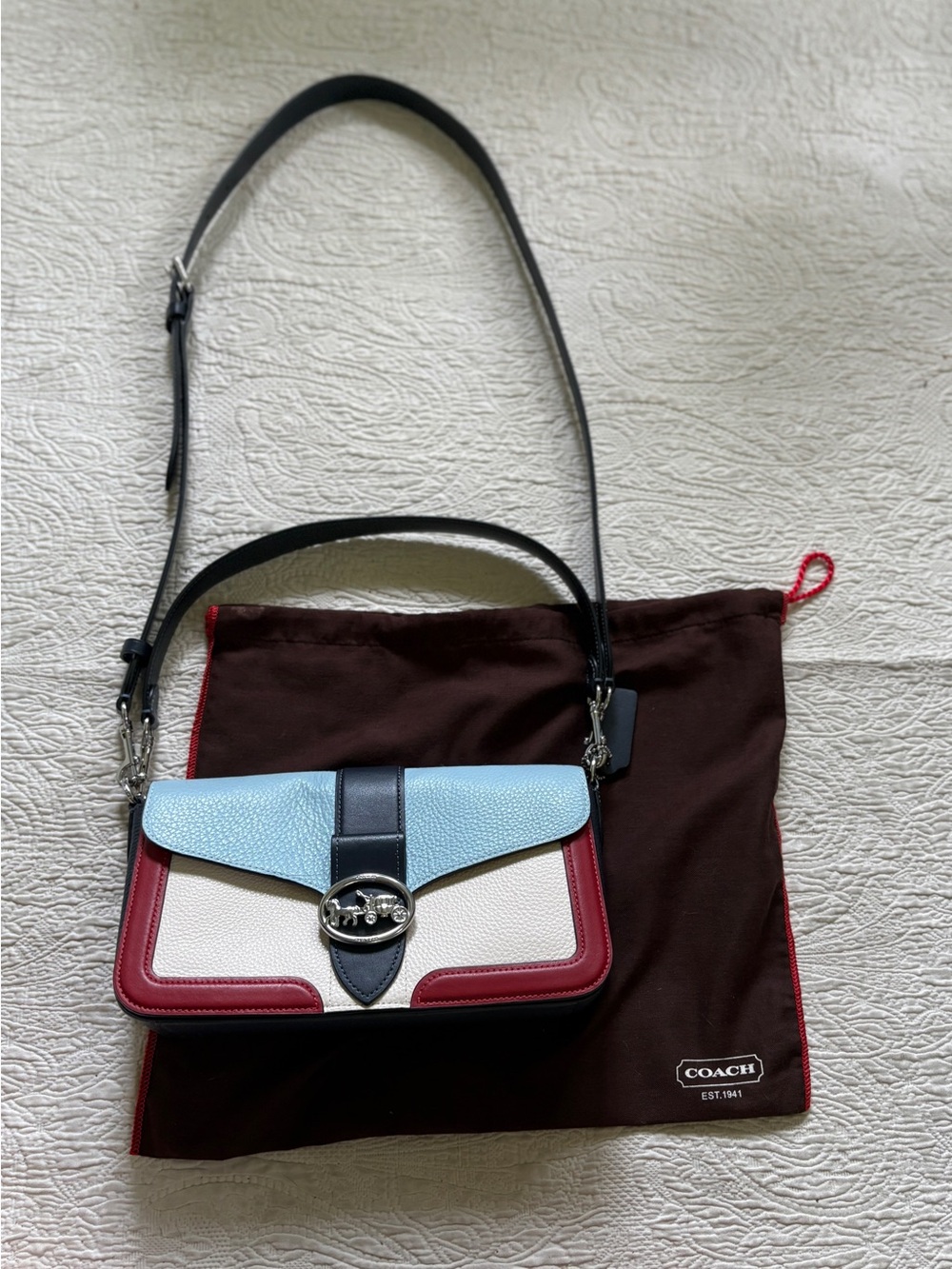 New Coach Colorblock Pebbled Leather CA211- Light Blue, White, Red. 2 straps!